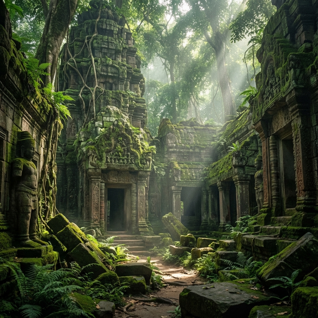 An ancient stone temple hidden in a lush jungle, moss-covered ruins, shafts of sunlight breaking through the canopy, mysterious and adventurous, photorealistic